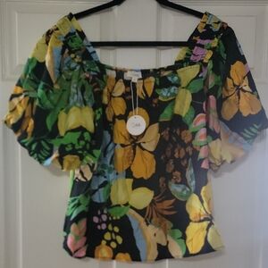 CAbi Black Floral Puff-Sleeve Peasant Top — Yellow, Green & Pink Floral Print